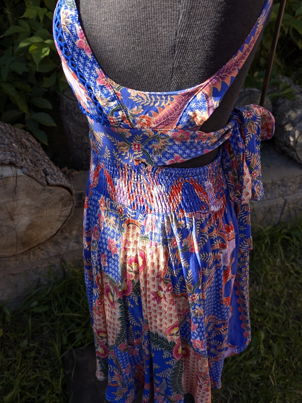 Jaase Boho Tropical Halter Mini Dress Smocked Festival Summer XS Dopamine Drip - Picture 6 of 13